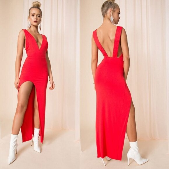 superdown Dresses & Skirts - NWT Superdown Erika Deep V Stretch Jersey Red Maxi Dress Full Length L